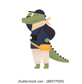 Cute crocodile tourist observing, enjoy travel or vacation vector flat illustration. Funny wild animal with camera admiring sight during adventure trip isolated. Happy traveler character