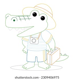 Cute crocodile traveler with a suitcase. Coloring book for children