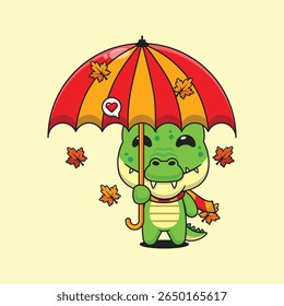 Crocodilo bonito com guarda-chuva na ilustração do vetor do desenho animado do outono