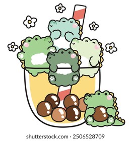 Cute crocodile various poses in big bubble milk tea cup with flower on white background.Sweet.Reptile animal character cartoon design.Kawaii.Vector.Illustration.