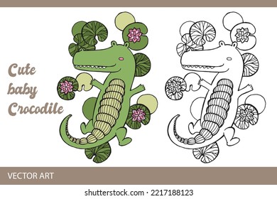 Cute Crocodile, Vector Art, Baby crock artwork, Coloring book page, Cute crocodile drawing, colouring page, corck lineart.