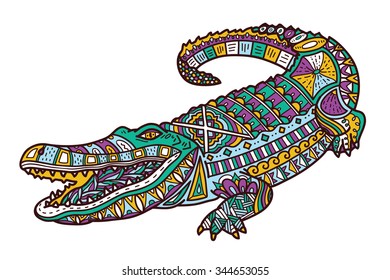 Cute crocodile. Vector illustration of cute ornate zentangle crocodile for children or for adult anti stress coloring book