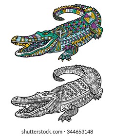 Cute crocodile. Vector illustration of cute ornate zentangle crocodile for children or for adult anti stress coloring book