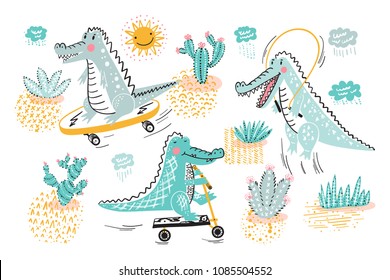 
Cute Crocodile Vector set. Alligators and cactuses, rain clouds and sun. Cartoon Wild Animals collection