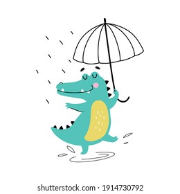 Recorrido de cocodrilos con paraguas en el día de lluvias, cómico lagarto de cocodrilos depredador de caricaturas de animales Ilustración vectorial de dibujos animados