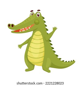 Cute Crocodile Waving his Paw. Funny Alligator isolated on white. Cartoon Vector Illustration Green Animal Character