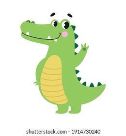 Cocodrilo lindo ondeando su pata, curioso lagarto depredador animal verde caricatura estilo vector Ilustración