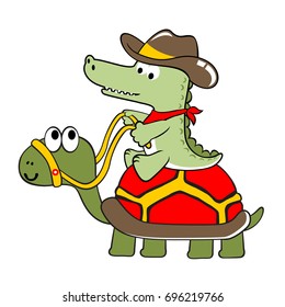 Cute crocodile wearing cowboy cap ride on giant turtle, vector cartoon illustration