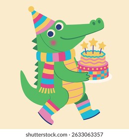 Cute crocodile wearing party hat holding birthday cake with star candles