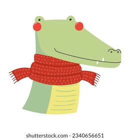 Cute crocodile wearing a scarf character illustration. Hand drawn animal, Scandinavian style flat design, isolated vector. Kids autumn, fall print, element, seasonal activity