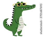 Cute crocodile wearing sunglasses. Flat vector illustration in a simple children