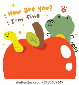 Cute crocodile with worm in apple on white background.Line hand drawn style.Reptile animal character cartoon design.Fruit.Kawaii.Vector.Illustration.
