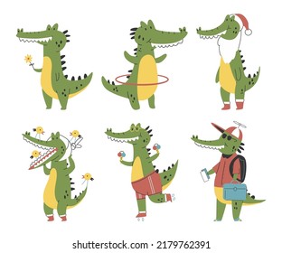 Cute crocodiles characters vector cartoon set isolated on a white background.