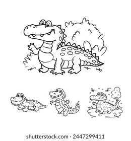 Cute Crocodiles Coloring Page Black and white vector illustration for coloring book