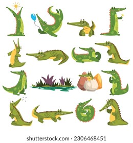 Cute crocodiles in different activities set. Funny alligator walking, sleeping and swimming vector