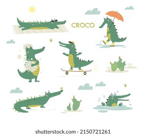 Cute Crocodiles in Different Situations Set. Alligator rides skateboard, washes in bathroom, walks with umbrella and sunbathes on beach.. Cartoon flat vector collection isolated on white background