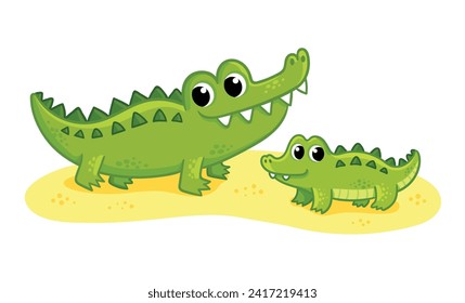 Cute crocodiles family on a white background. Vector illustration with two cute mom and baby crocodiles in cartoon style. 