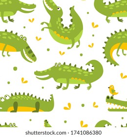 Cute Crocodiles Seamless Pattern, Wild African Animal Decorative Childish Design, Fabric, Wallpaper, Packaging, Background Cartoon Vector Illustration