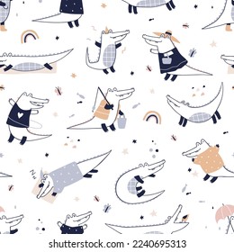 Cute crocodiles, seamless Scandinavian pattern. Funny animals, repeating print in Scandi style. Endless nursery background design for textile, fabric, decoration. Kids flat vector illustration