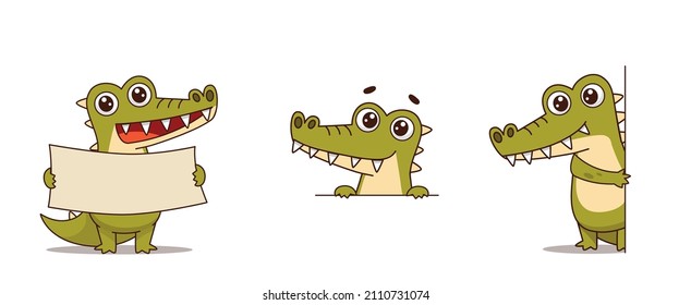 Cute crocodiles set. Stands, looks out, empty poster, place for text. Vector illustration