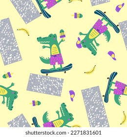 Cute crocodiles skateboarding, vector seamless pattern with happy alligators skaters having fun riding skateboards, eating ice cream, bananas. Kids fashion design print