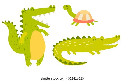 Cute crocodiles and turtle family. Vector illustration, isolated on white background