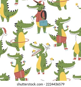 Cute crocodiles vector cartoon seamless pattern background for wallpaper, wrapping, packing, and backdrop.