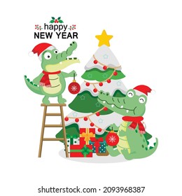  Cute Crocodiles Wearing Christmas Hat decorate Christmas tree.