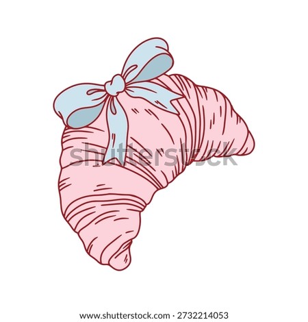 Cute croissant with blue bow. Perfect for bakery and romantic designs. Flat vector illustration.