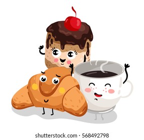 Cute croissant, cake and coffee cup cartoon character isolated on white background vector illustration. Funny hot drink and bakery pastry emoticon face icon. Happy cartoon face food, comical breakfast