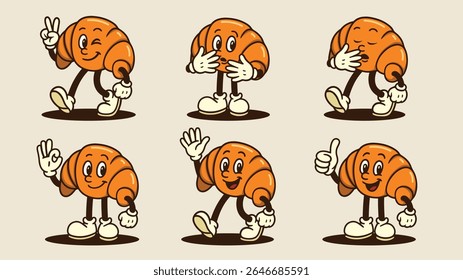 Um bonitinho croissant personagem conjunto com expressões divertidas, perfeito para marca de padaria, menu de pastelaria, decoração de café, ou materiais promocionais doces.