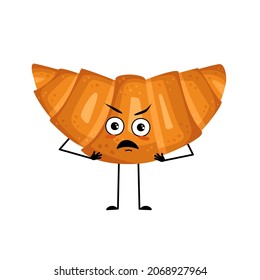 Cute croissant character with angry emotions, grumpy face, furious eyes, arms and legs. Annoyed baking person, bun with disgruntled expression. Vector flat illustration
