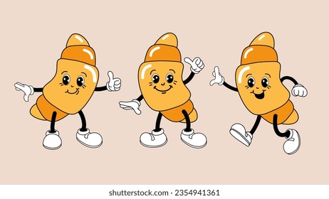 A cute croissant character collection with diverse emotions. Retro style pastries as eatery mascots. Cartoon vector illustration for menus, signs, bakery, restaurant.