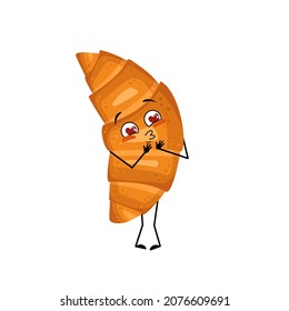 Cute croissant character with love emotions, smile face, arms and legs. Cheerful baking person, bun with joyful expression. Vector flat illustration