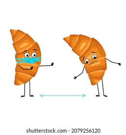 Cute croissant character with sad emotions, face and mask keep distance, arms and legs. Baking person, bun with depression expression. Vector flat illustration