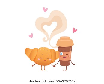 Cute croissant and cup of coffee characters vector illustration. Cartoon isolated kawaii happy couple in love holding hands, paper mug and sweet pastry dessert with eyes on funny faces and legs