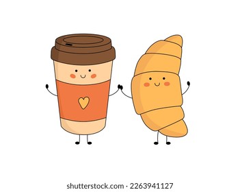 Cute croissant and paper coffee cup characters with smiling face, hands and legs. Funny, happy cartoon mascot. Vector flat illustration
