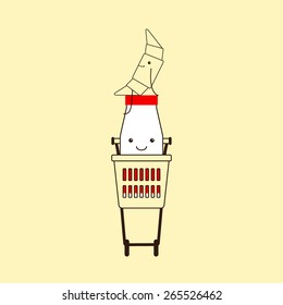 Cute croissant sitting on red cap of funny milk bottle with small eyes, big smile, legs, hands, red sticker in plastic shopping cart isolated on yellow background. Logo template, design element