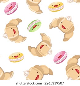 Cruasanes y macarones sin costura. Ilustración vectorial. Concepto de icono de comida. Estilo de caricatura plano.	