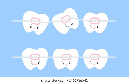 Lindos dientes torcidos y dientes rectos con aparatos ortopédicos sobre fondo azul claro. Ilustración vectorial plana de dientes rectos, salud dental, odontología, clínica, dentista, dientes sanos, tratamiento dental.