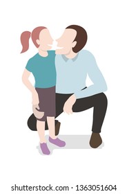 Cute crouched father and daughter characters hugging and smiling. Isolated flat style vector illustration.