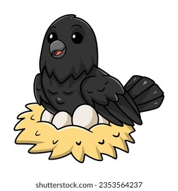 Cute crow bird cartoon with eggs in the nest