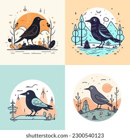 Cute Crow-Vogelset-Sammlung Kawaii Cartografik