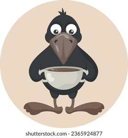 Cute crow mit einer Tasse Kaffee im Cartoon-Stil. Vektorgrafik. Kleiner Rabe mit braunem Schnabel