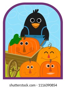 Cute crow holds a wheelbarrow and stands with a group of smiling pumpkins. Eps10