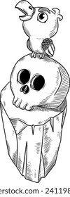Cute crow on skull and rocks black and white vector