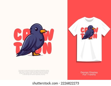 süße Crow Vektorgrafik, flaches Cartoon-Design, mit zusätzlicher Ansicht auf T-Shirt.