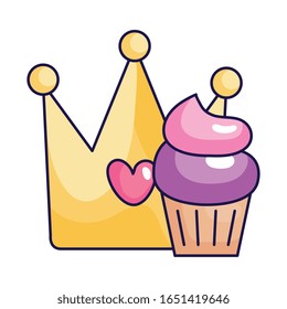 cute crown with cupcake isolated icon vector illustration design