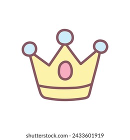 Cute crown icon. Hand drawn illustration of a princess golden crown with gems isolated on a white background. Kawaii sticker. Vector 10 EPS.
