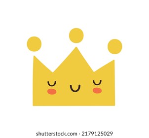 Cute crown icon. Sticker for social networks, graphic element for print on childrens clothing. Treasures and jewels, symbol of power and golden diadem. King and queen. Cartoon flat vector illustration